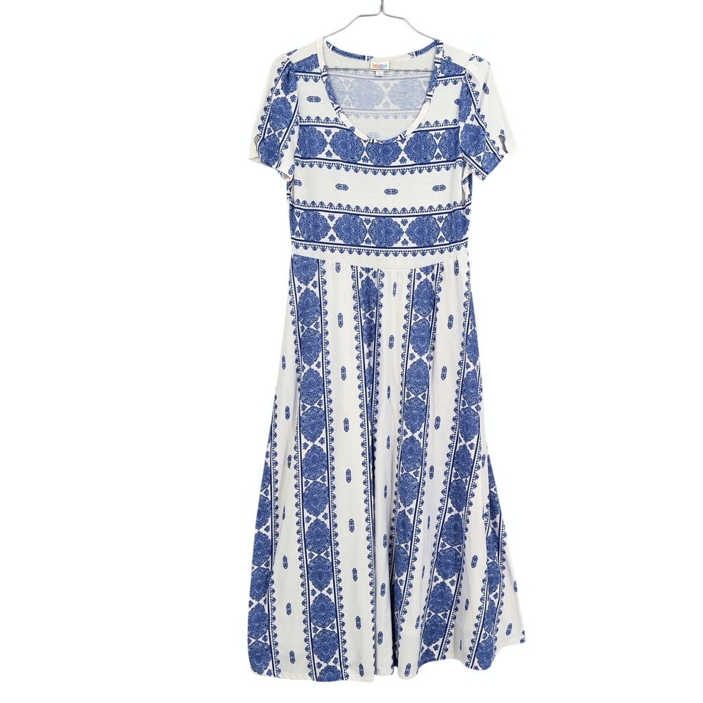 LuLaRoe Riley Womens L Blue White Medallion Paisley Maxi Dress Short Sleeve